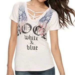 Size medium criss cross y2k studded short sleeve graphic top